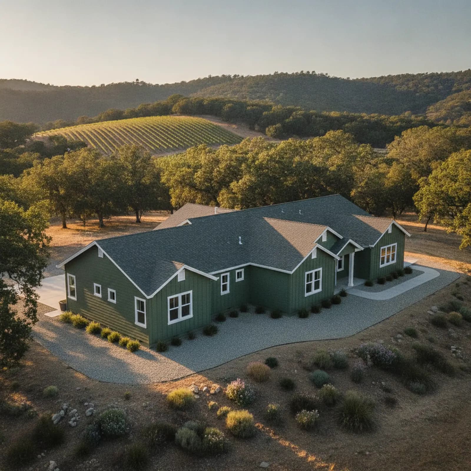 Fire-hardened wine-country re-side, Murphys CA Design-conscious non-combustible fiber cement siding on a wine-country home in Murphys California