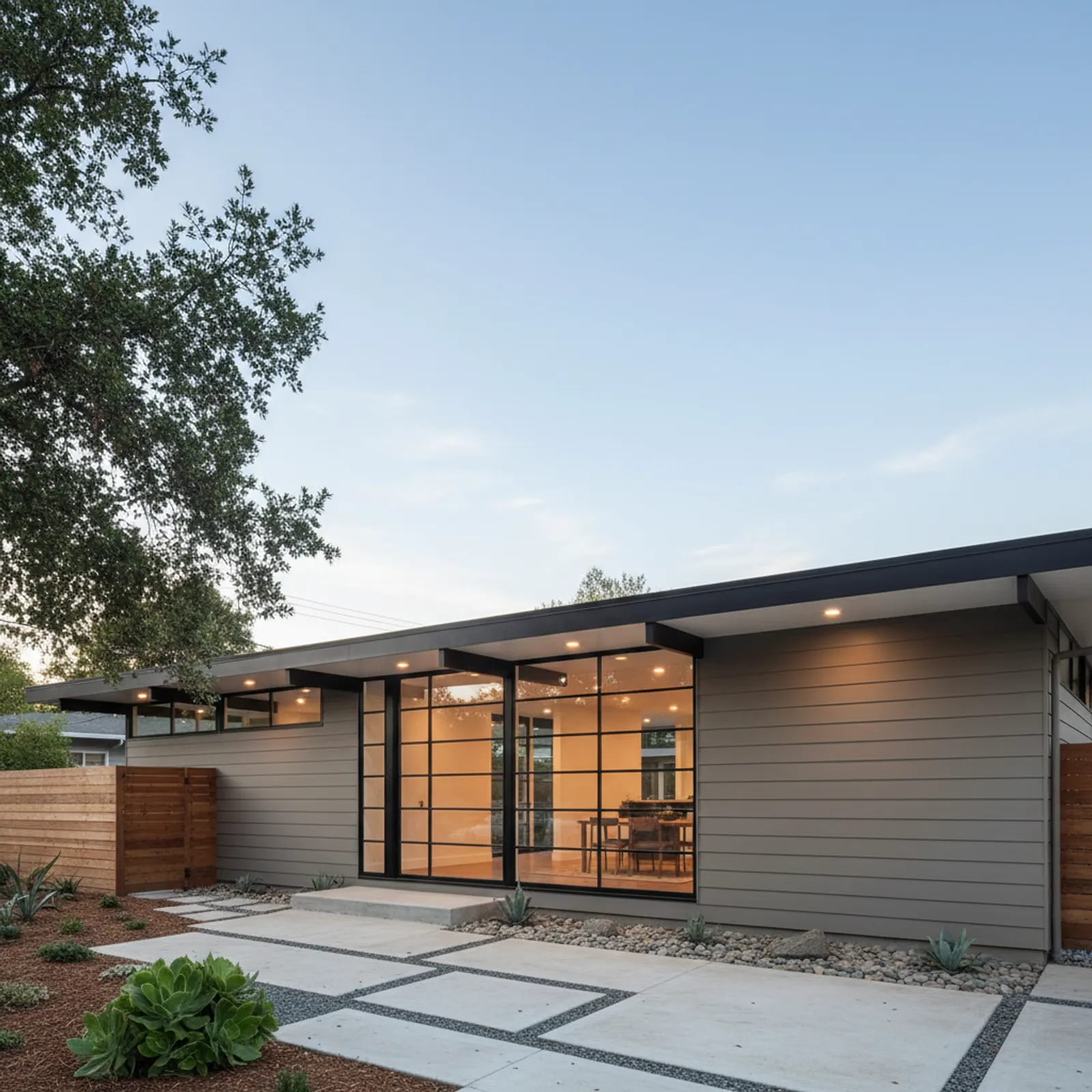 Eichler re-side, Palo Alto CA Period-correct flat-panel fiber cement siding on a Palo Alto Eichler home