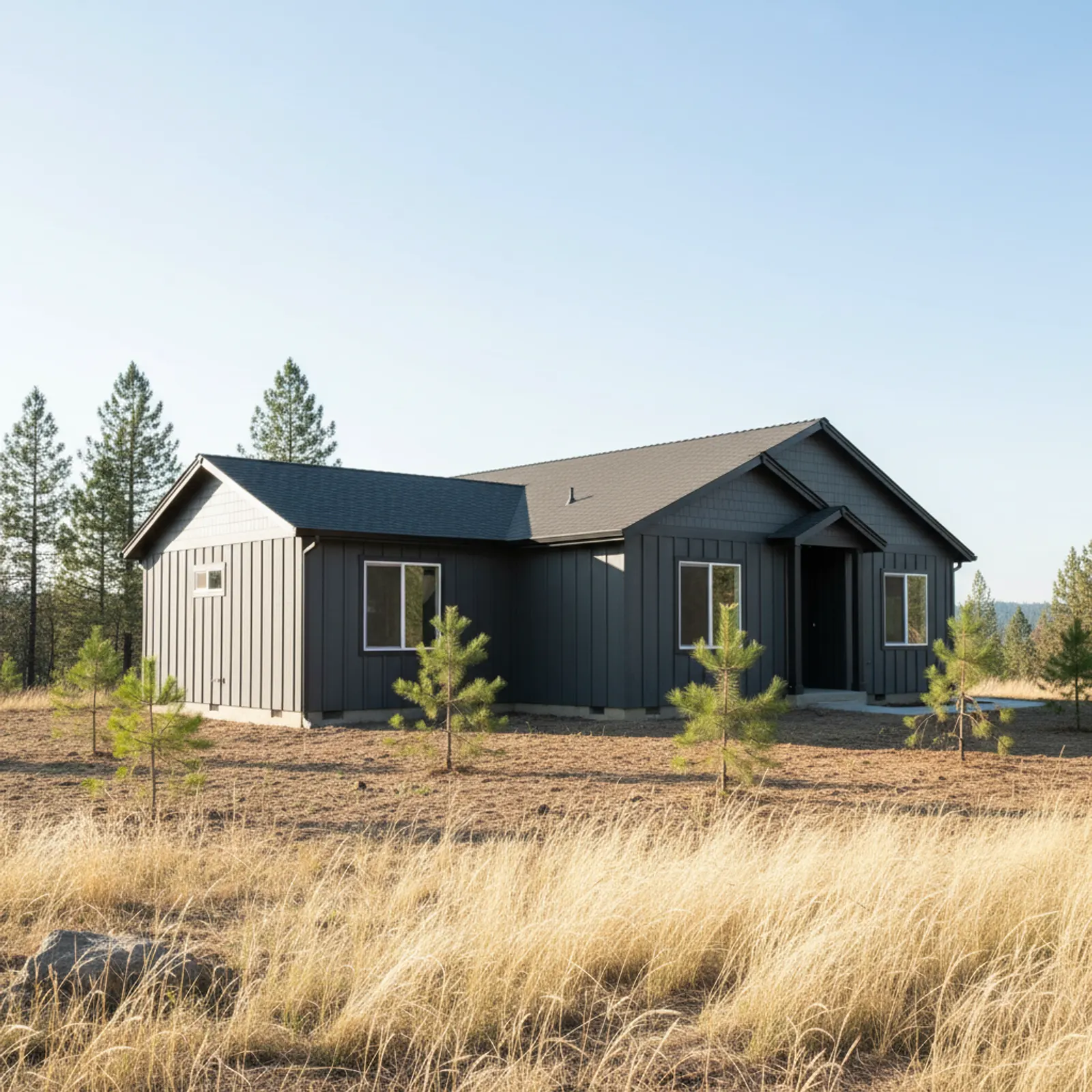 Wildfire-hardened rebuild, Paradise CA Wildfire-hardened non-combustible fiber cement siding on a rebuilt home on the Paradise California ridge