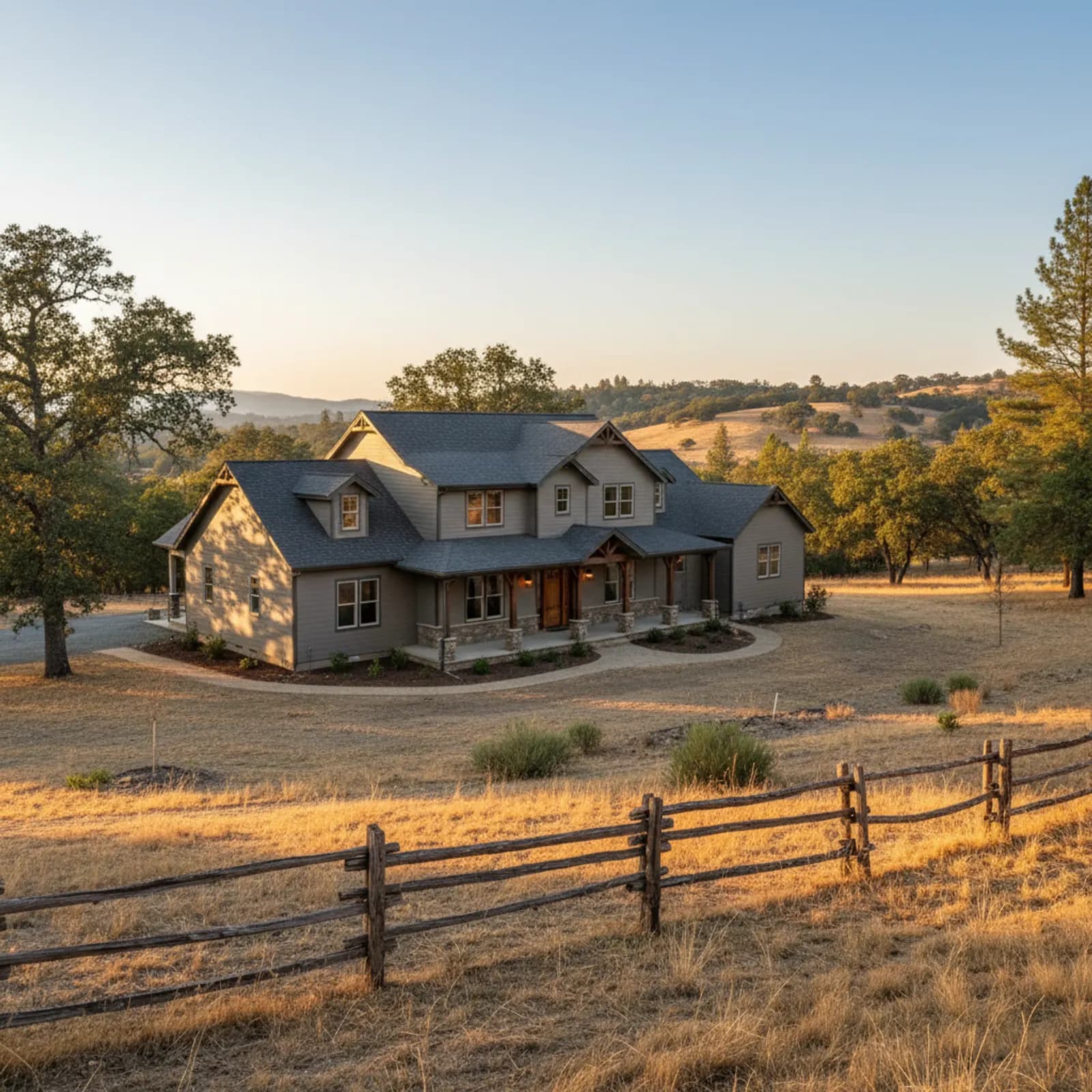 Fire-hardened rural re-side, Penn Valley CA Fire-hardened non-combustible fiber cement siding on a rural Penn Valley California acreage home