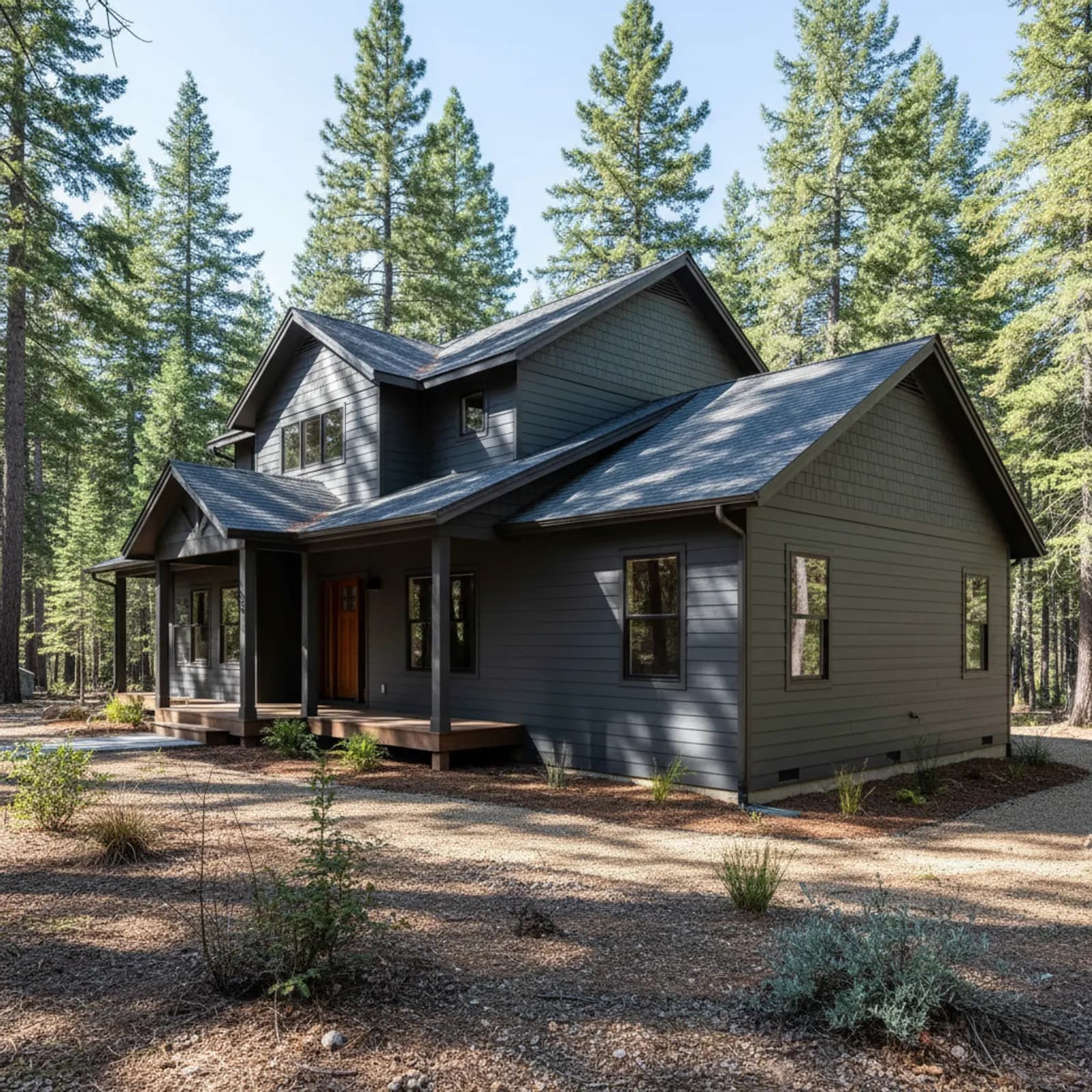 Wildfire-hardened mountain re-side, Pollock Pines CA Wildfire-hardened, freeze-aware non-combustible fiber cement siding on a Pollock Pines California mountain-forest home