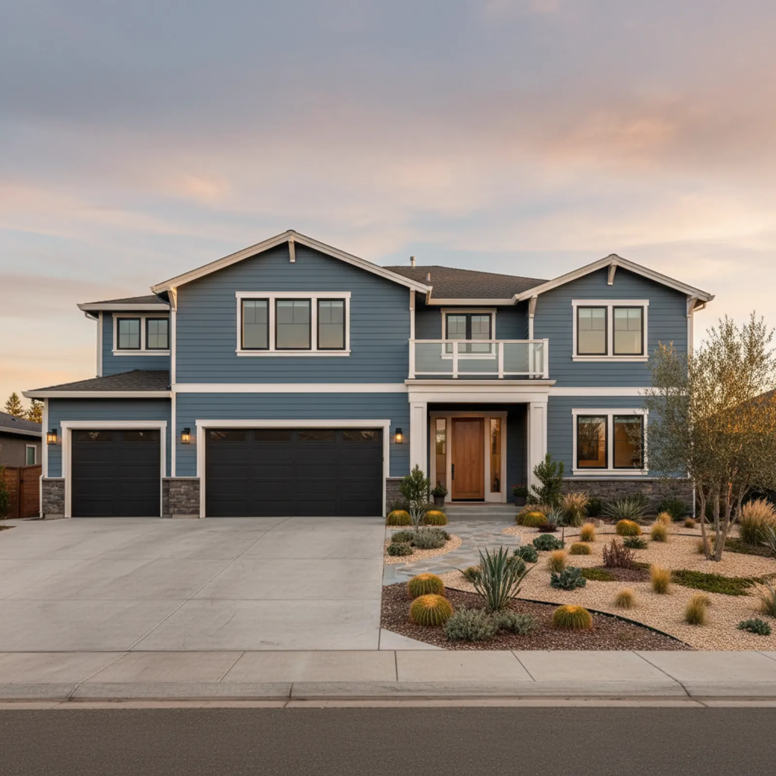 Fiber cement re-side, Roseville CA Modern blue-gray fiber cement siding on a two-story Roseville California home at golden hour