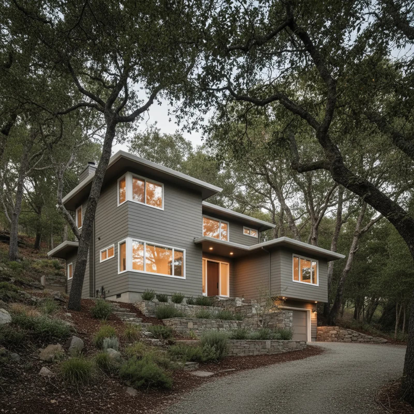Hillside re-side, San Rafael CA Fire-resistant, moisture-managed fiber cement siding on a wooded hillside home in San Rafael California