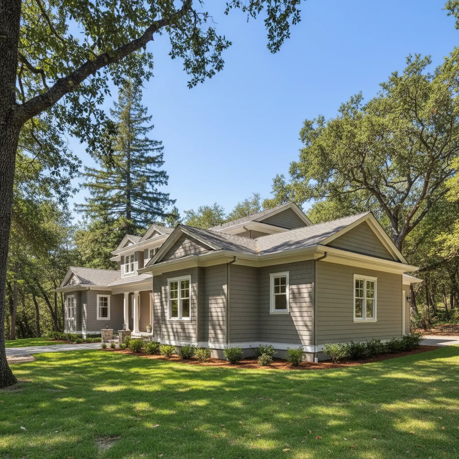 Fire-hardened estate re-side, Saratoga CA Architectural fire-hardened fiber cement siding on a wooded Saratoga California estate