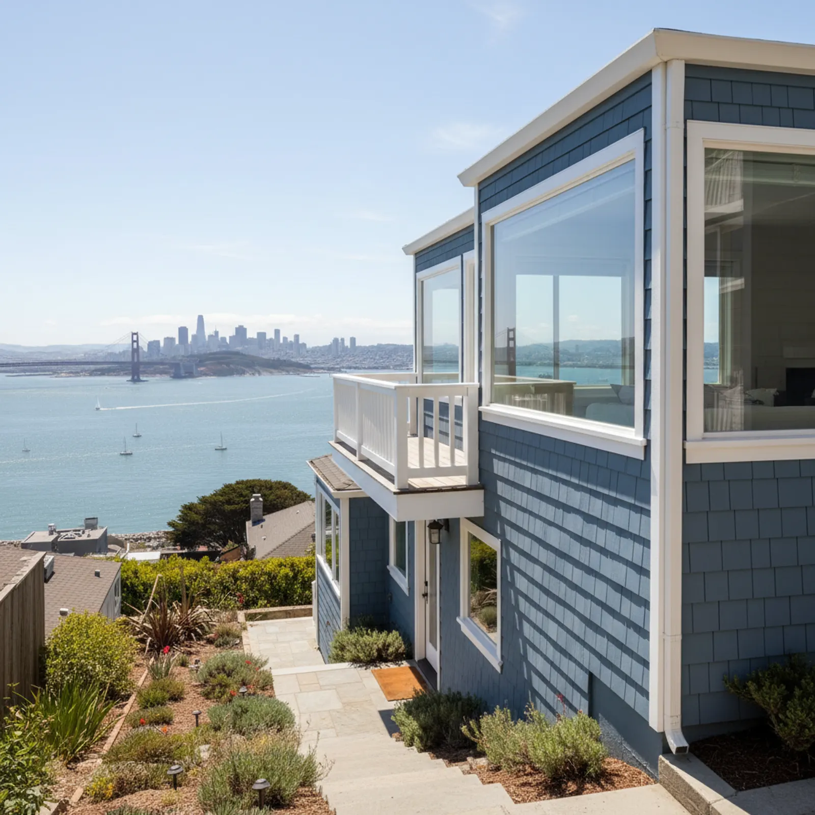 Hillside re-side, Sausalito CA Corrosion-aware fiber cement siding on a steep Sausalito California hillside view home