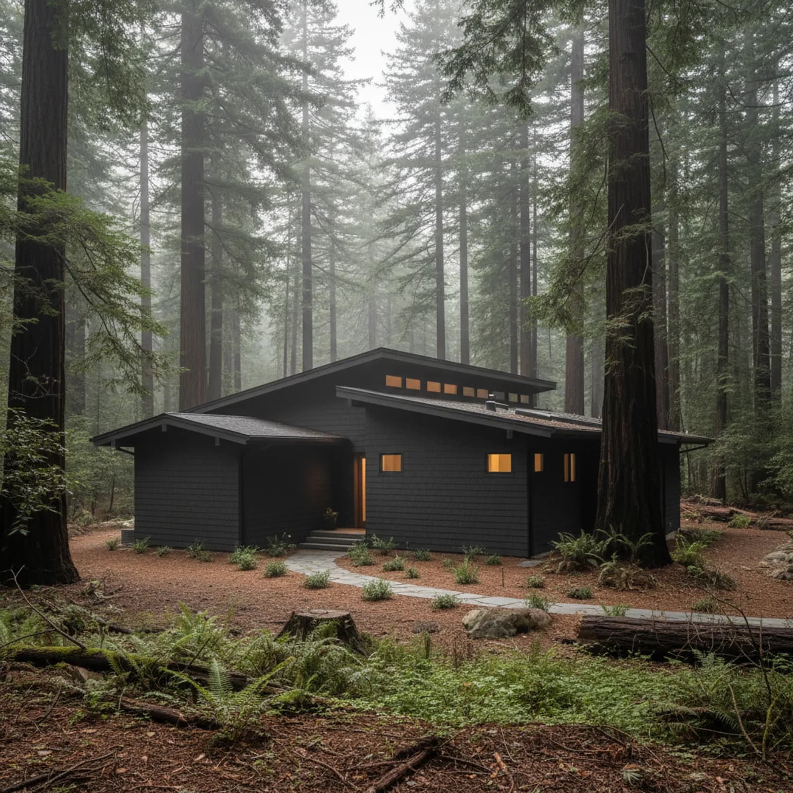 Fire-hardened forest re-side, Scotts Valley CA Fire-resistant, moisture-managed fiber cement siding on a redwood-forest home in Scotts Valley California