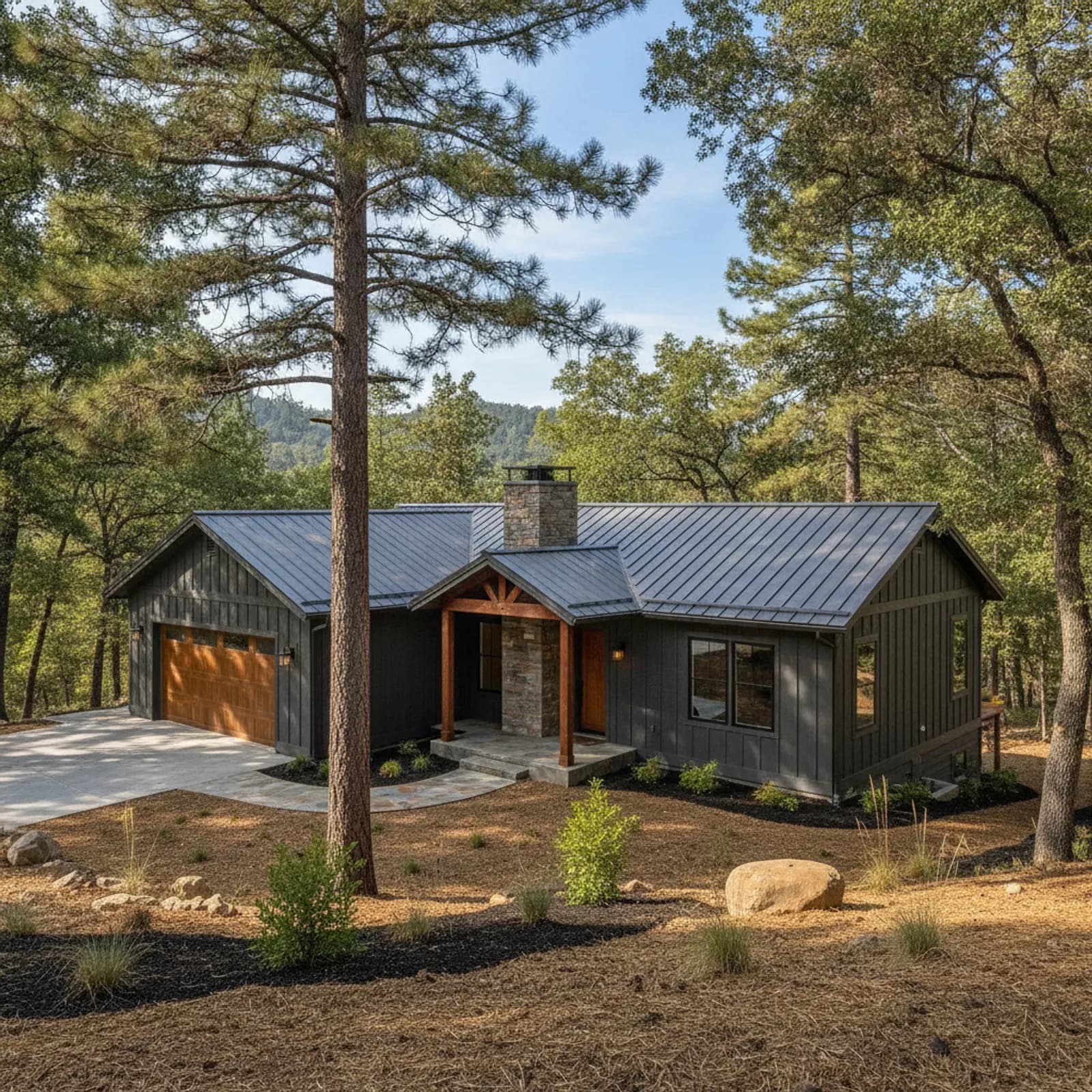 Wildfire-hardened forest home, Shasta Lake CA Non-combustible fiber cement siding on a forested wildland-interface home in Shasta Lake California