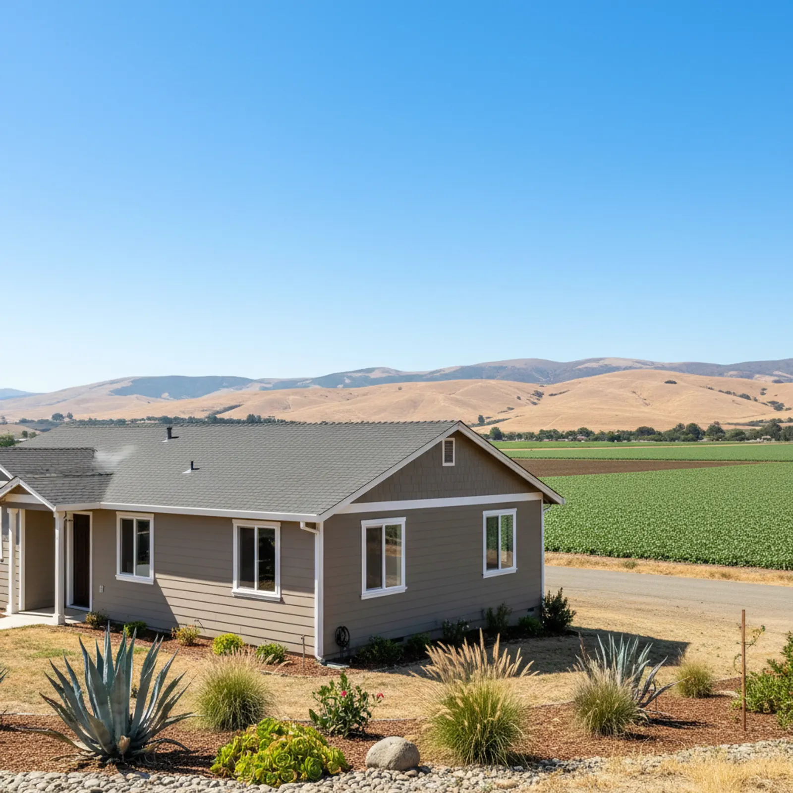 Fiber cement re-side, Soledad CA Heat- and wind-durable fiber cement siding on a Soledad California valley home