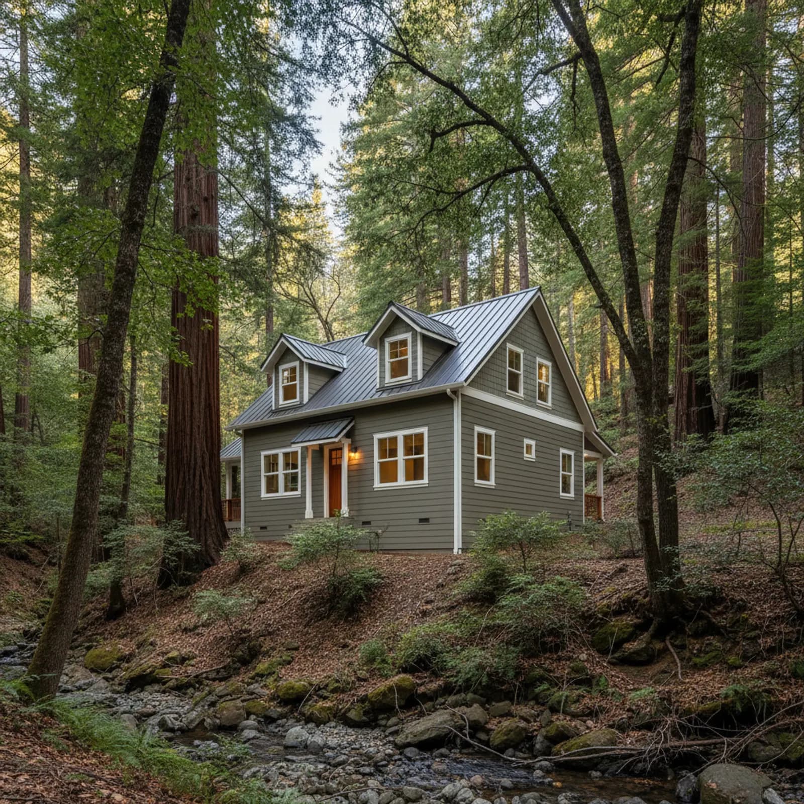 Canyon re-side, Soquel CA Fire-aware, moisture-managed fiber cement siding on a wooded Soquel California canyon home