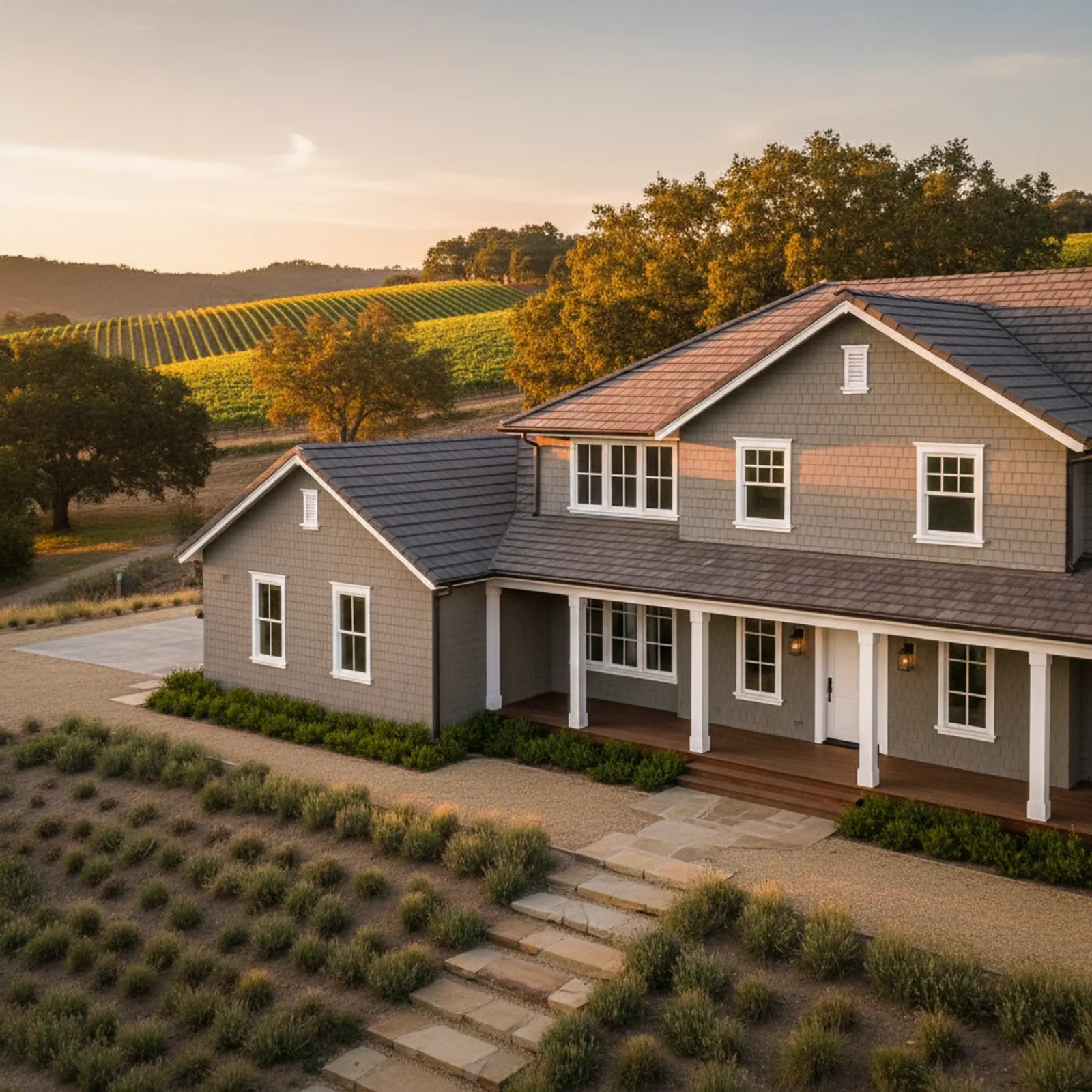 Fire-hardened estate re-side, St. Helena CA Architectural fire-hardened fiber cement siding on a St. Helena California vineyard estate