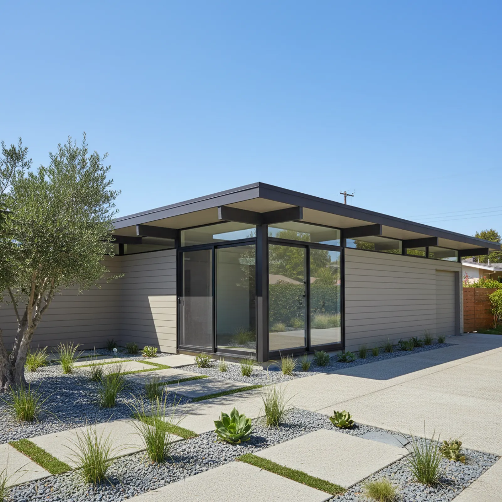 Modern re-side, Sunnyvale CA Refined flat-panel fiber cement siding on a mid-century Eichler home in Sunnyvale California