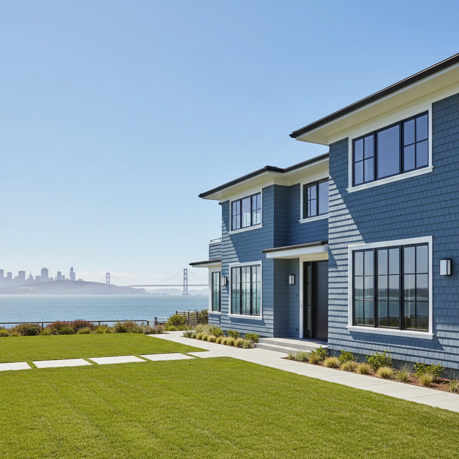 Waterfront estate re-side, Tiburon CA Architectural, corrosion-aware fiber cement siding on a Tiburon California waterfront estate