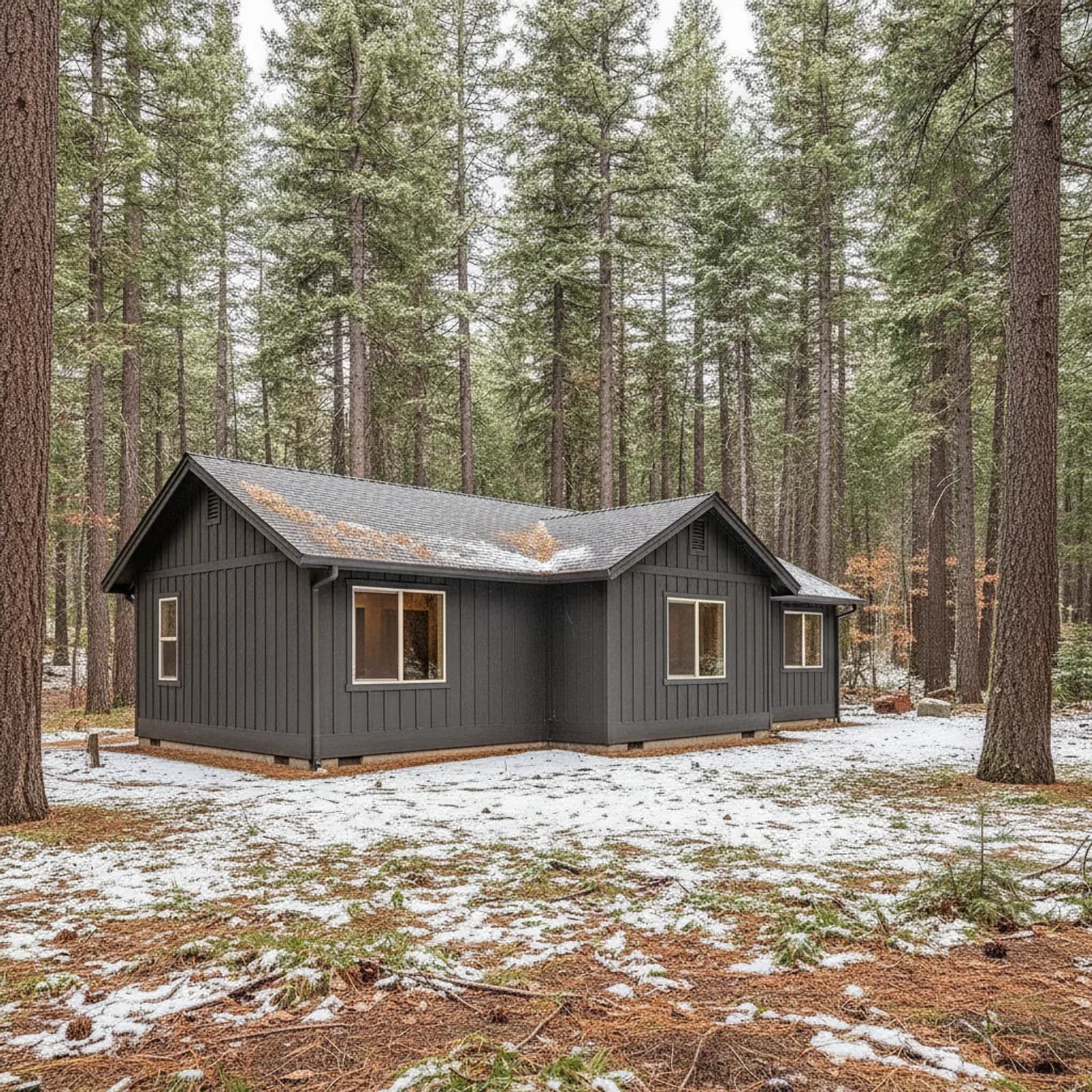 Wildfire-hardened cabin, Twain Harte CA Wildfire-hardened non-combustible fiber cement siding on a forest cabin in Twain Harte California