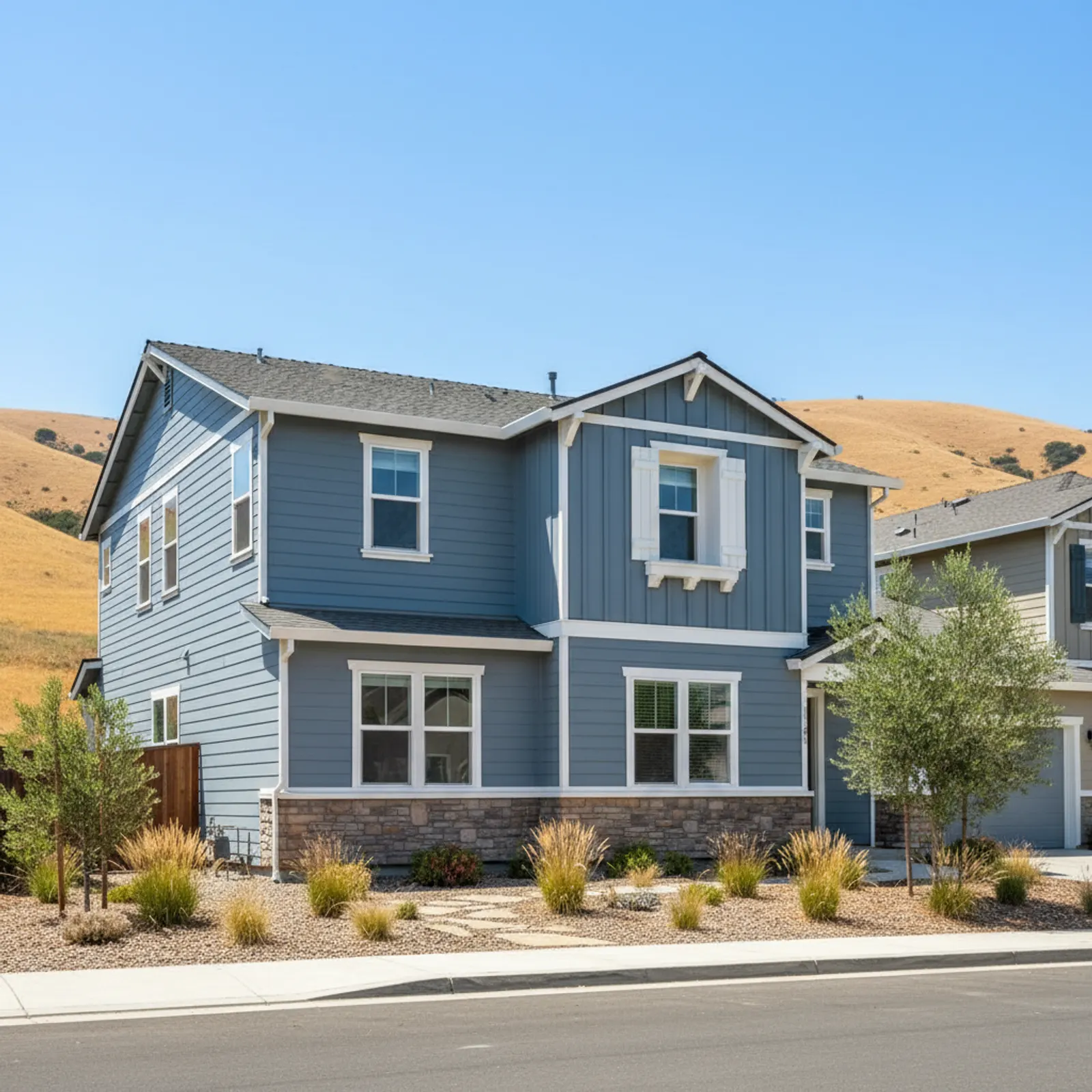 Fiber cement re-side, Vacaville CA Heat-, wind-, and fire-aware fiber cement siding on a Vacaville California tract home
