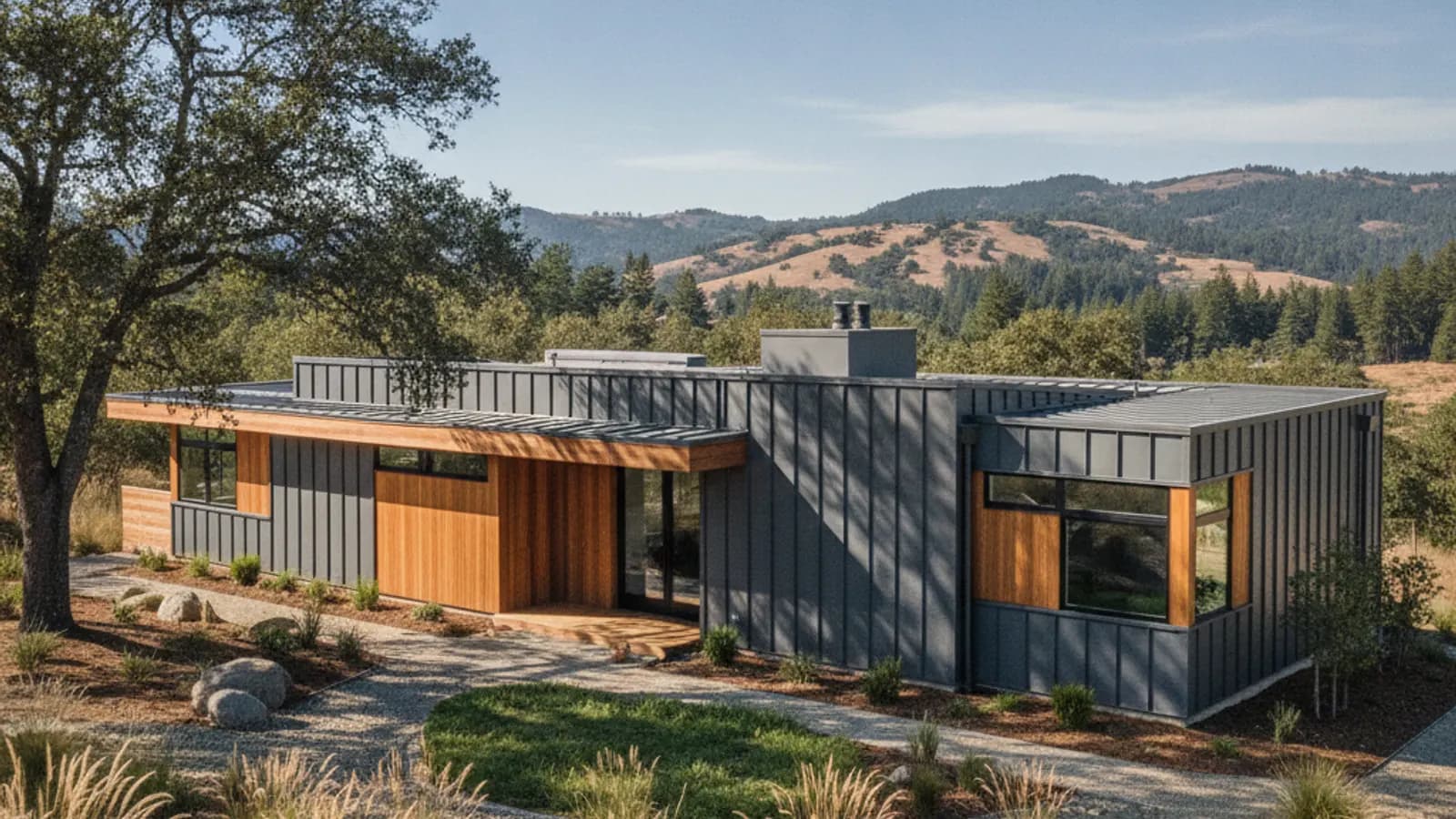 A contemporary Northern California home clad in dark slate-gray standing-seam metal siding with wood accents