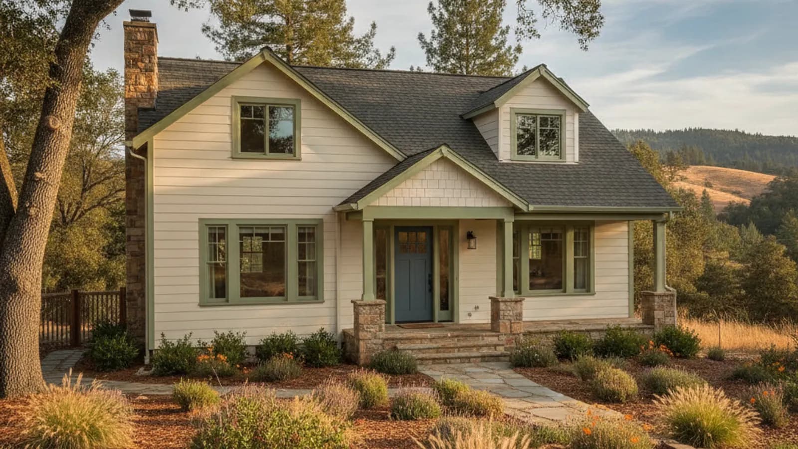 A traditional Northern California home clad in warm-white fiber cement lap siding