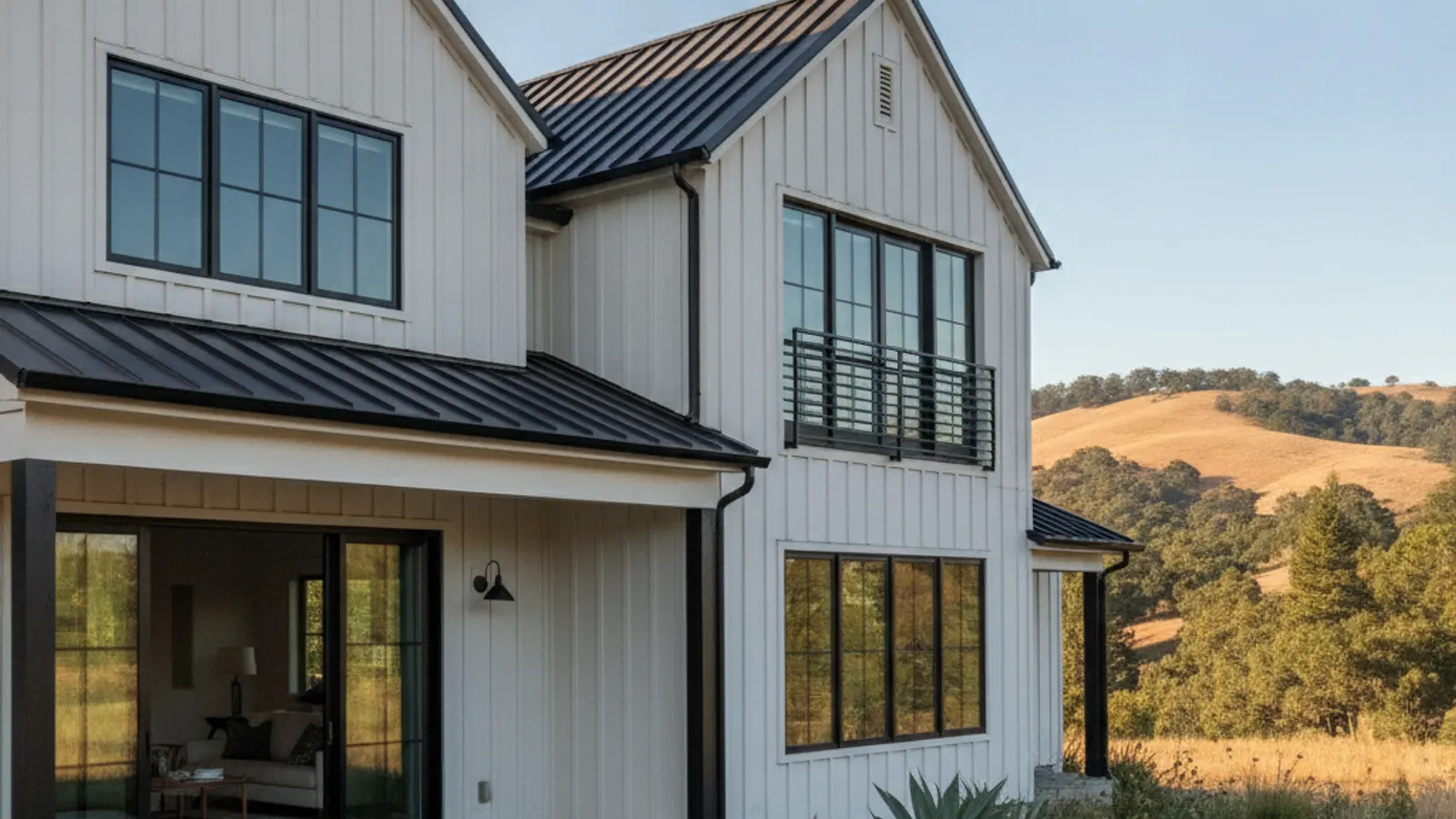 A modern-farmhouse home clad in board-and-batten metal siding in warm white with black trim