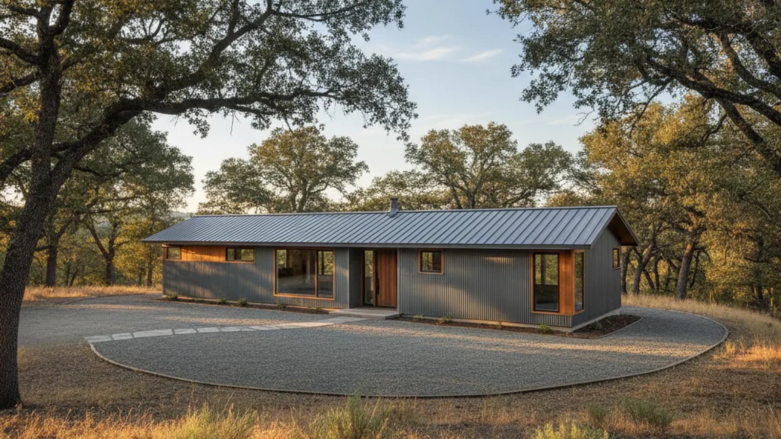 A Sierra foothill home clad in non-combustible metal siding with cleared defensible space