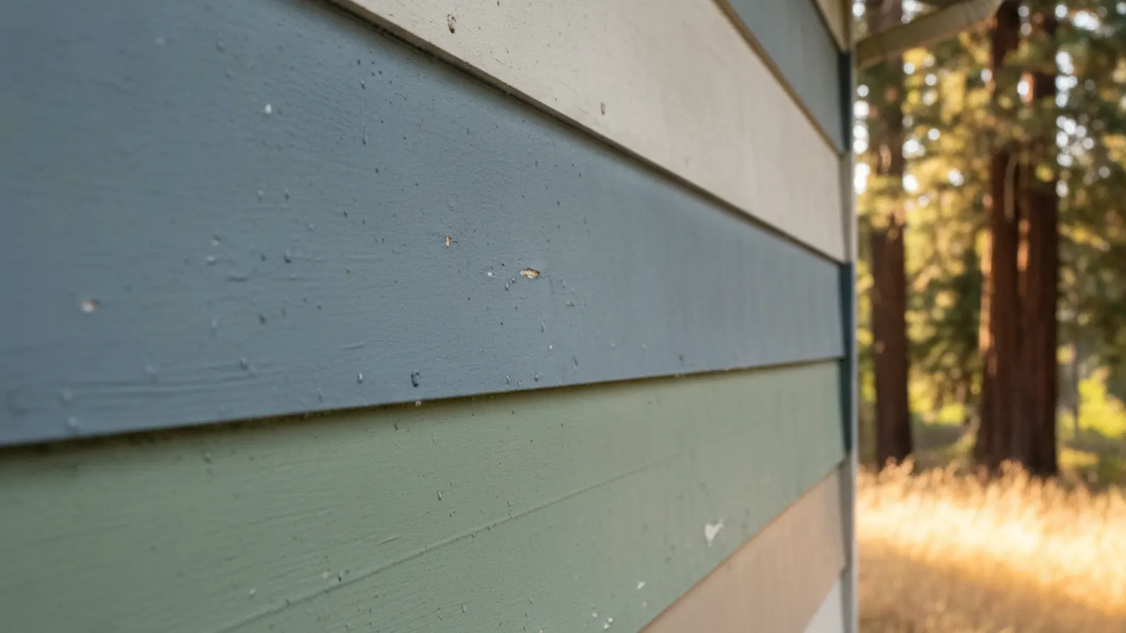 Aged aluminum siding with dents and a chalky, oxidized, faded painted finish