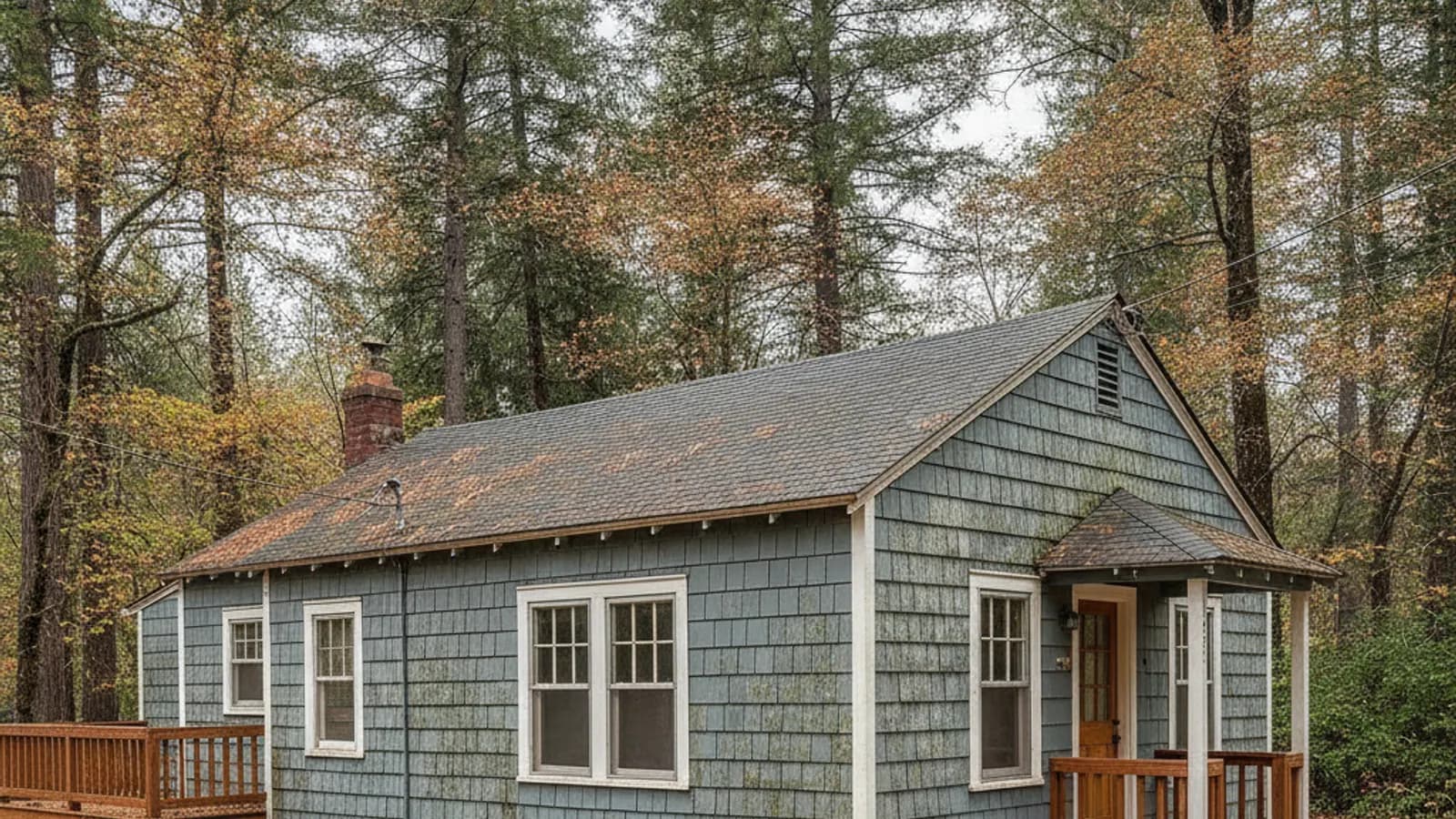 A pre-1980 home clad in weathered cement-asbestos shingle siding, intact and undisturbed