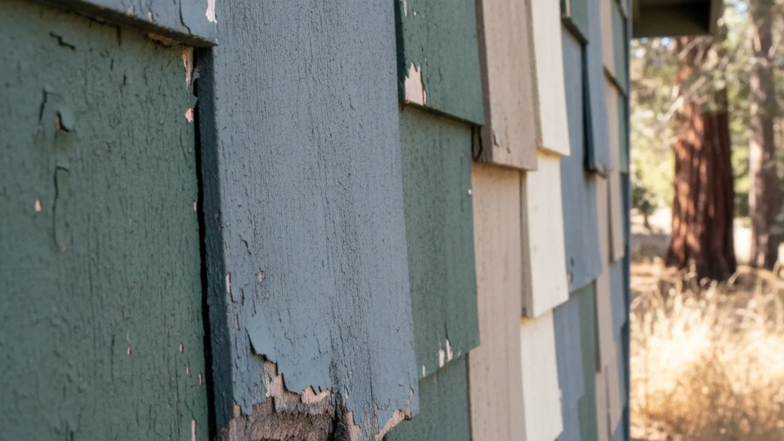 Failing hardboard (Masonite) lap siding swollen and buckling worst along the bottom edges