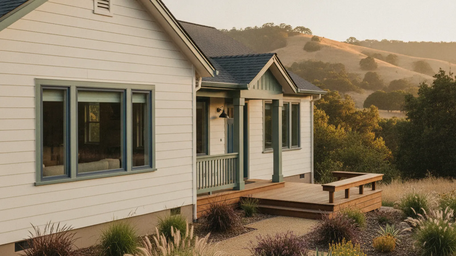 A Northern California home re-sided in warm-white fiber cement lap siding