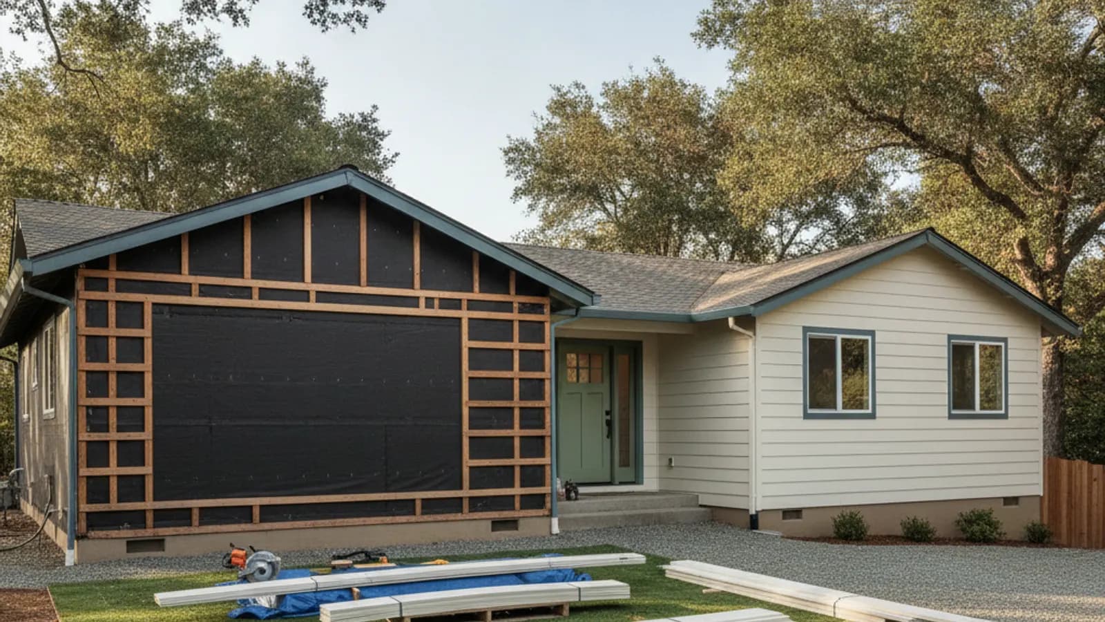 A Northern California home mid-re-side, one wall stripped to the weather-resistive barrier and the next clad in new fiber cement siding