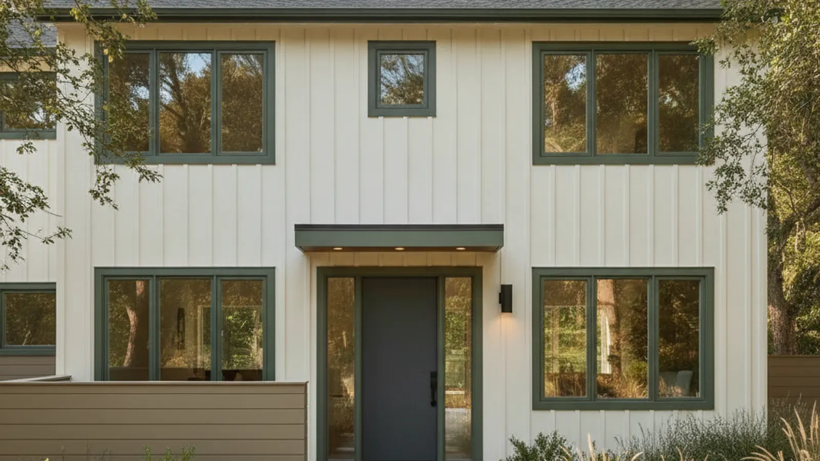 New vertical fiber cement board-and-batten panel siding replacing old T1-11