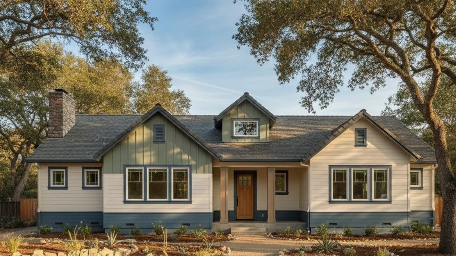 A California home re-sided in non-combustible fiber cement, replacing failed synthetic stucco