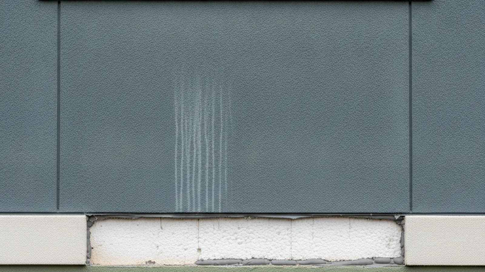 EIFS synthetic stucco cladding with a textured acrylic finish over foam board and faint moisture staining near a window