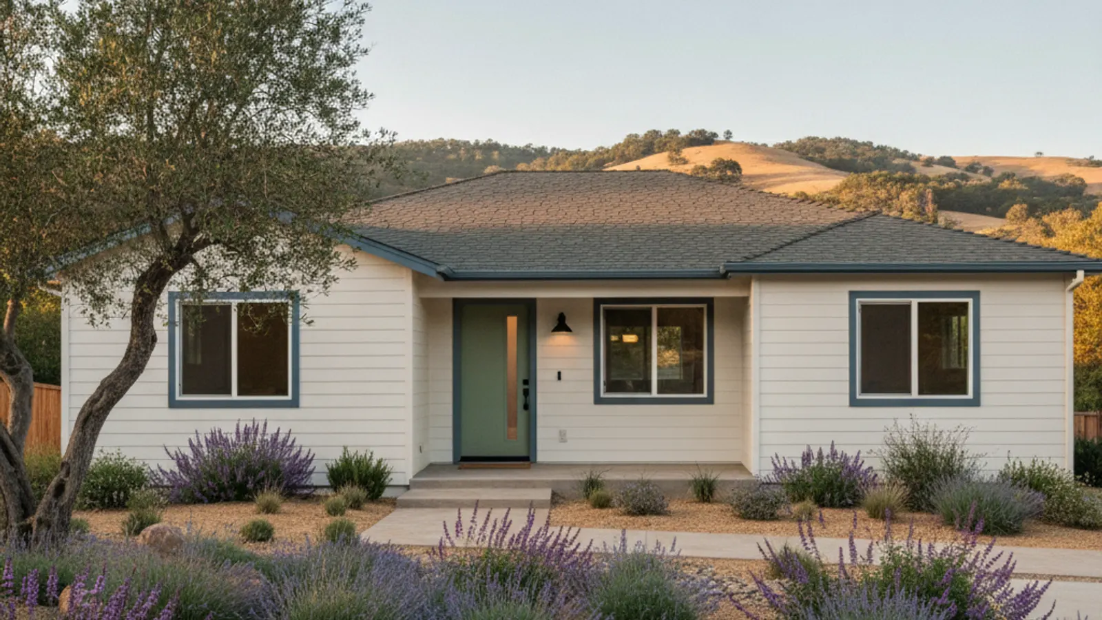 A California home re-sided in warm-white fiber cement lap siding, replacing old stucco