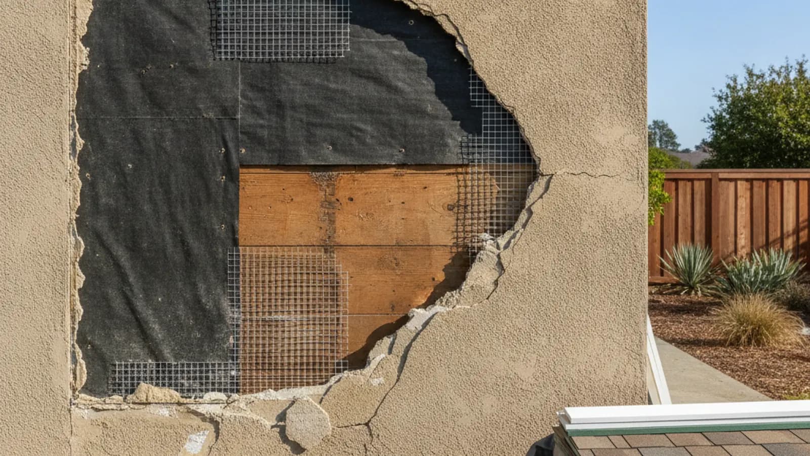 A home wall mid-tear-off with cracked stucco and lath removed to expose sheathing and a weather-resistive barrier