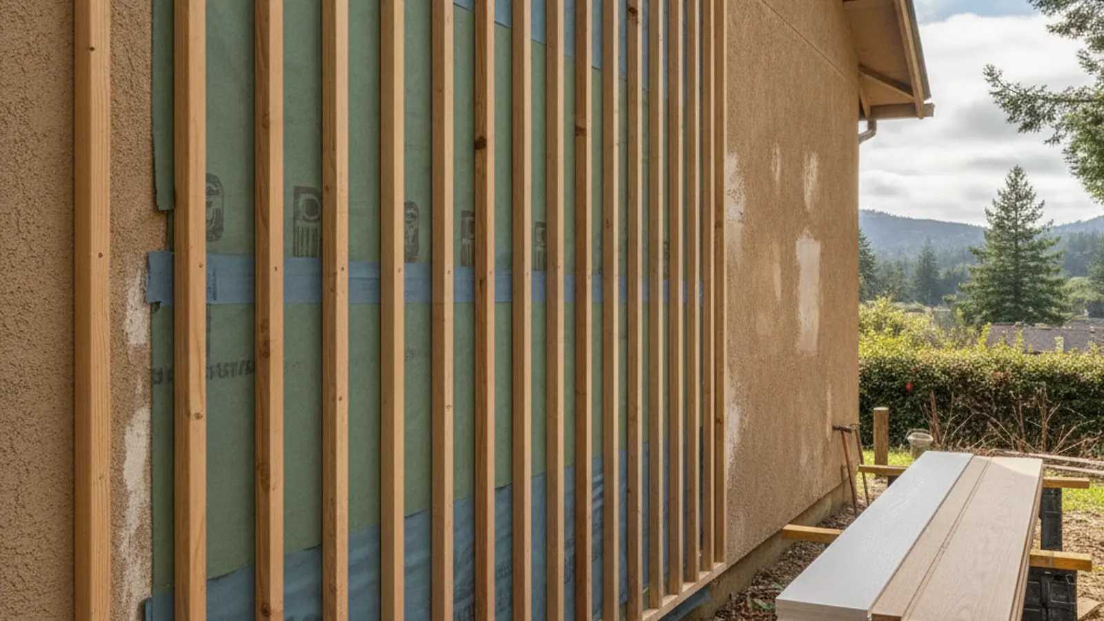 Vertical wood furring strips installed over a stucco wall to create a flat plane and drainage gap before new siding