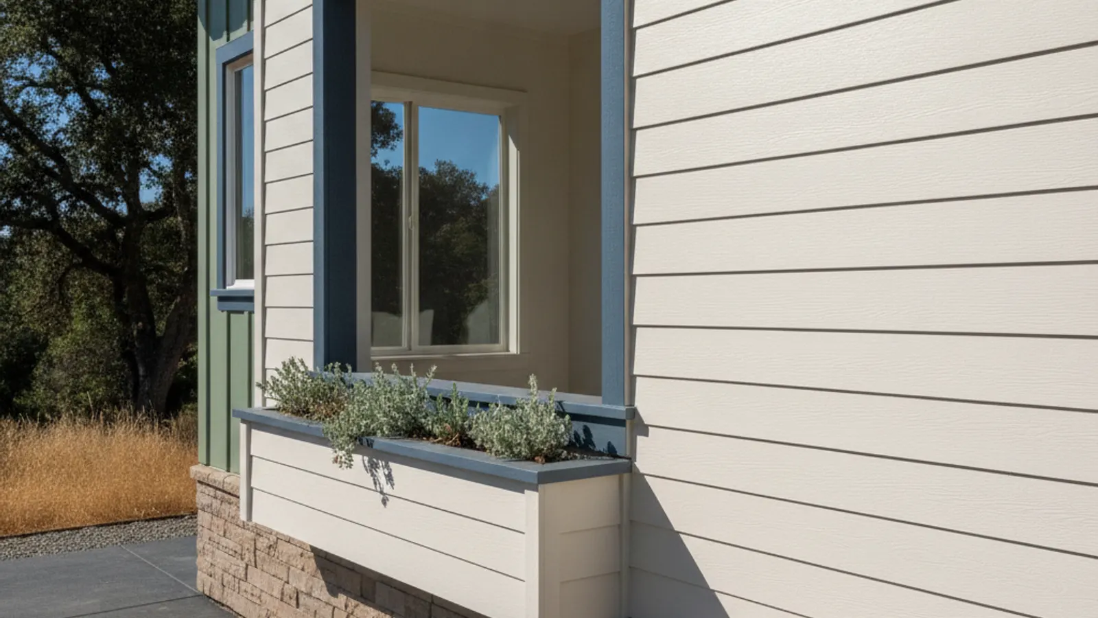 Crisp fiber cement lap siding replacing cracked stucco