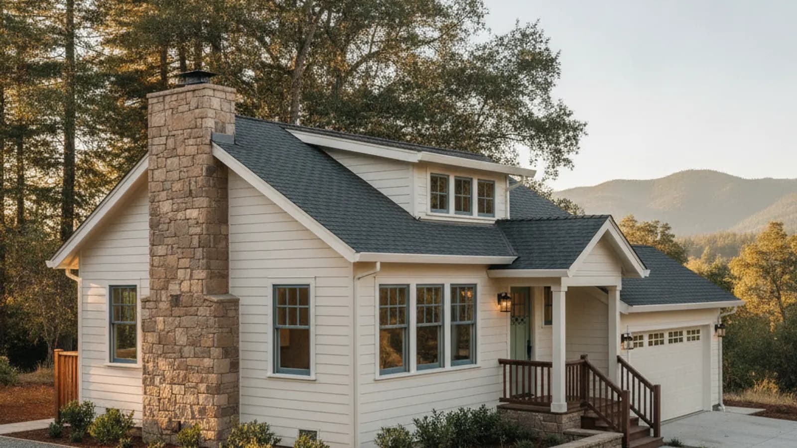 A California home freshly re-sided in fiber cement, replacing vinyl