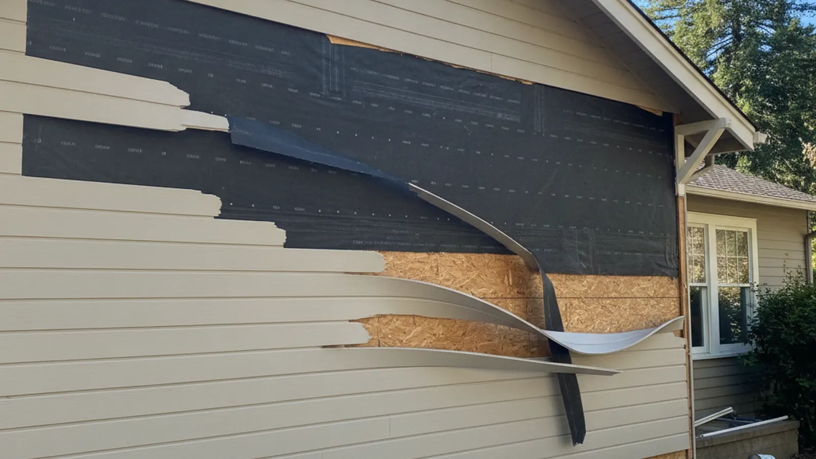 Light-colored vinyl lap siding being removed to reveal the weather-resistive barrier and sheathing