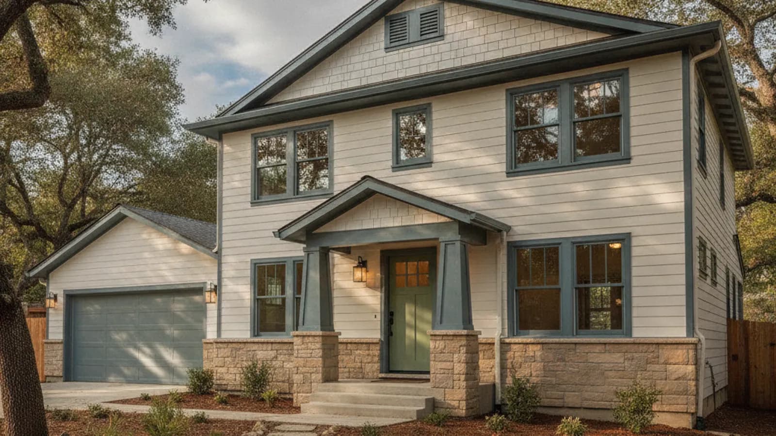 A Northern California home re-sided in warm-white fiber cement, replacing vinyl