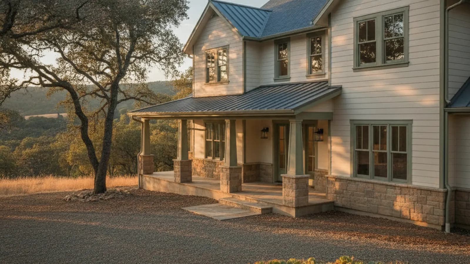 A Sierra foothill home clad in non-combustible fiber cement with cleared defensible space