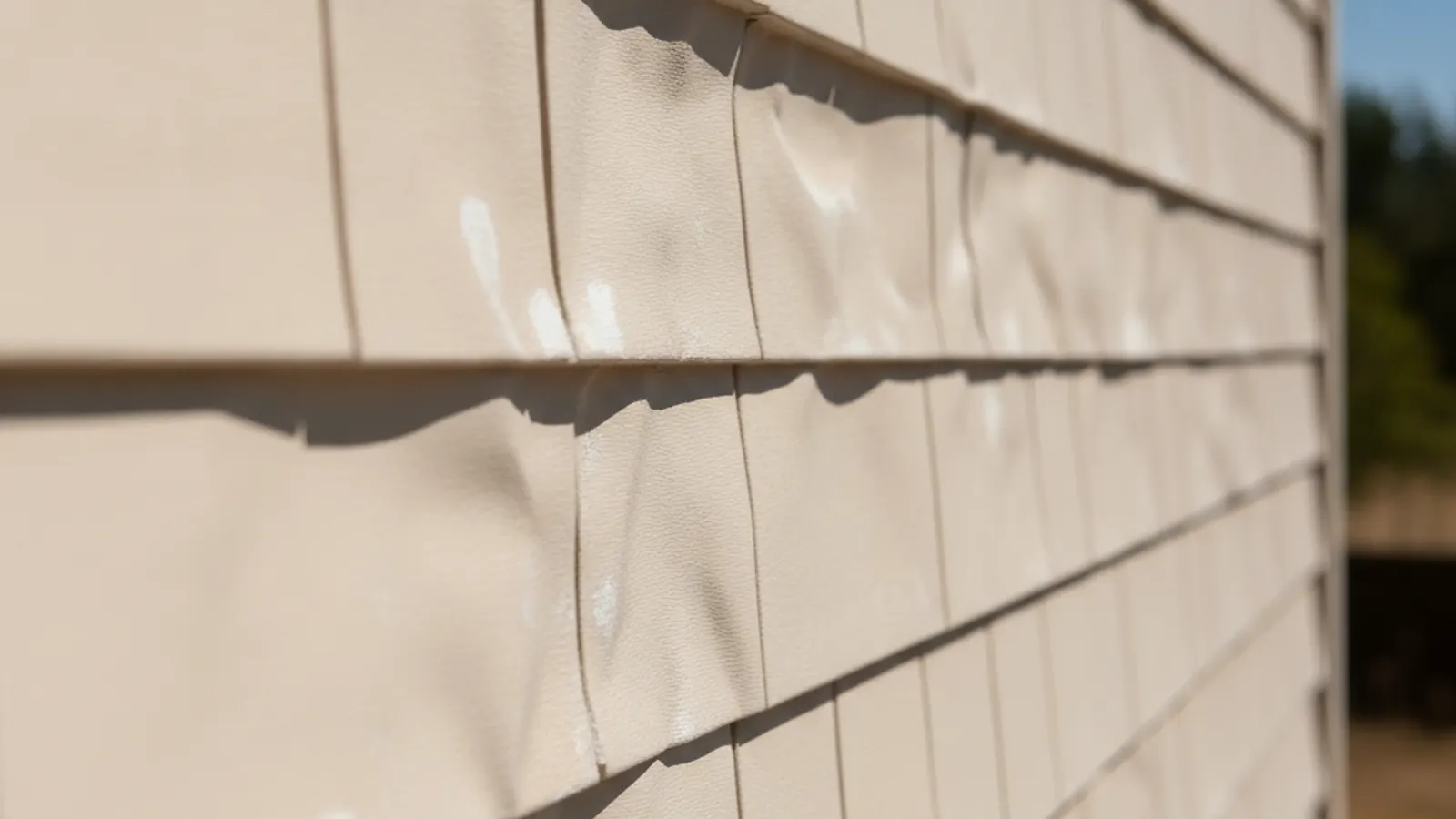 Vinyl lap siding warped and buckled from heat, the panels wavy and distorted