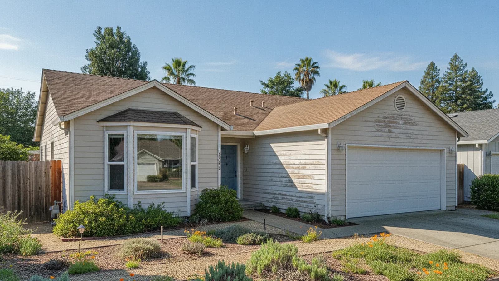 An ordinary Northern California home clad in light beige vinyl lap siding, faded by the sun