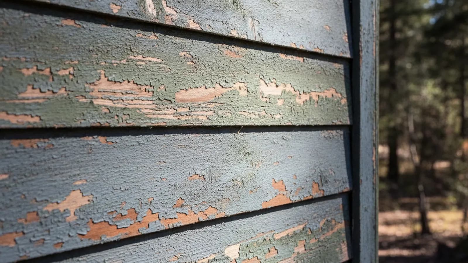 Weathered western red cedar lap siding with the finish cracking and peeling and the wood graying where it has worn through