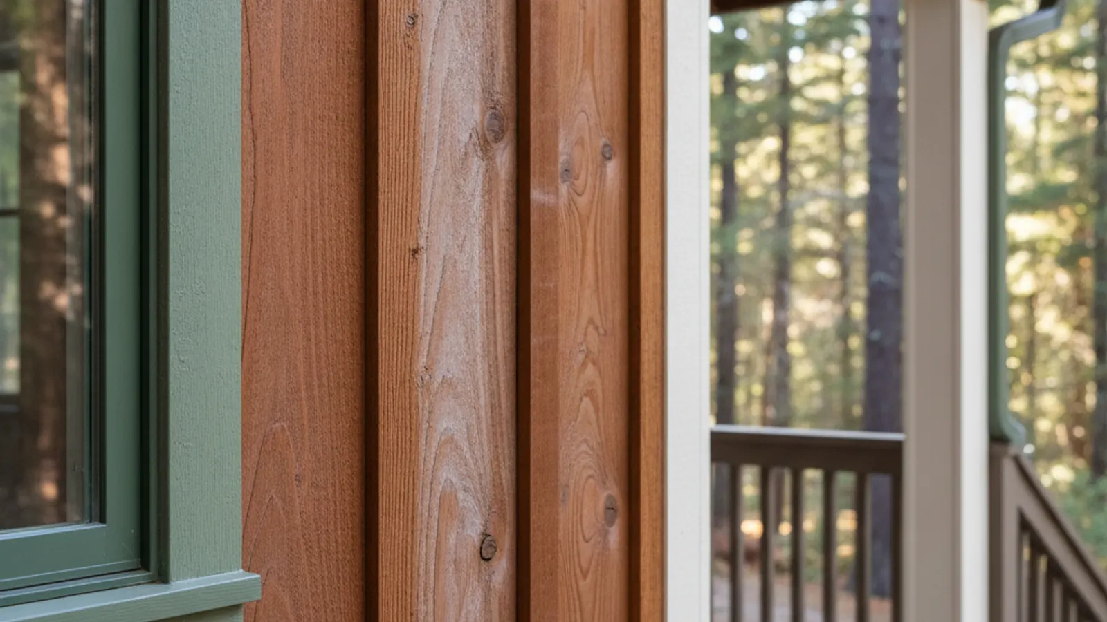 Vertical redwood board siding with rich reddish-brown heartwood tones and some silvery weather-graying
