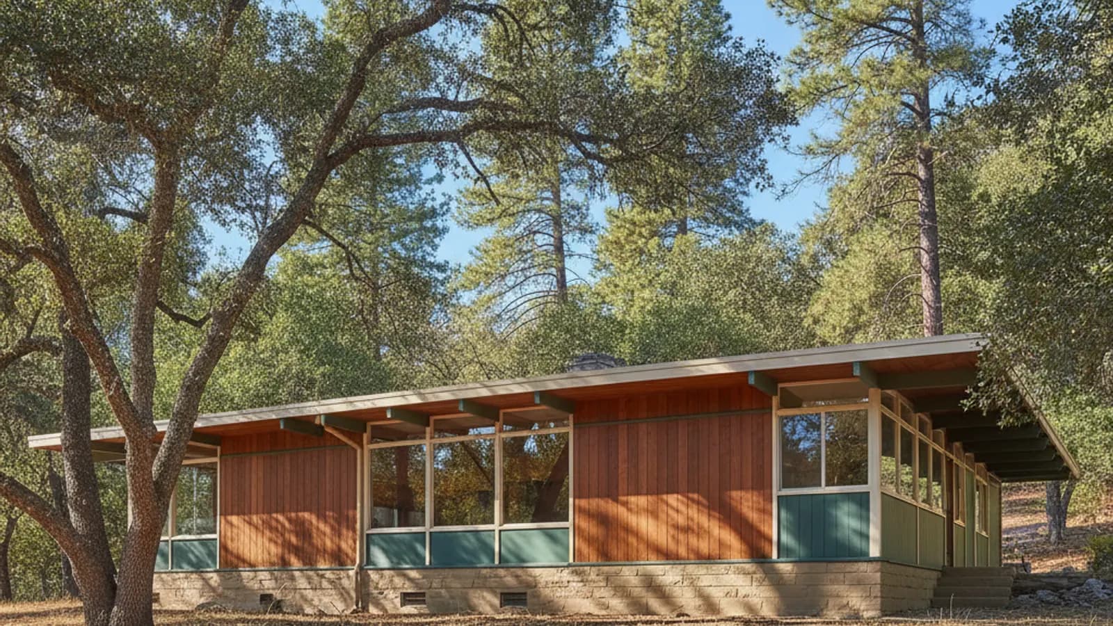 A Northern California mid-century home clad in warm natural cedar and redwood siding among the trees