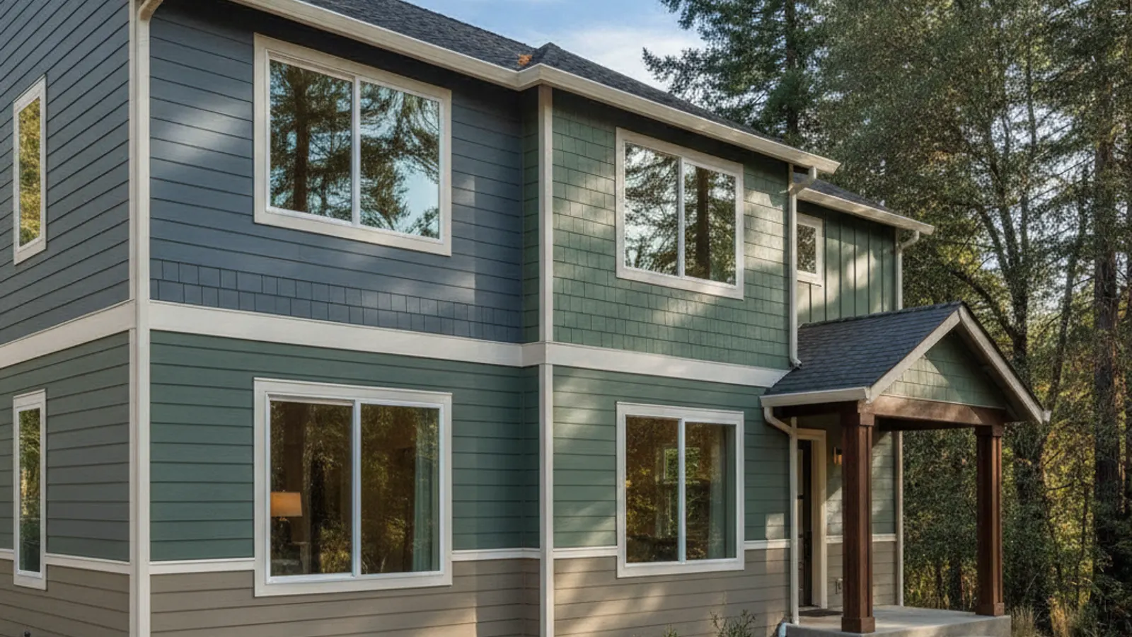 A home with fresh low-maintenance fiber cement lap siding replacing high-maintenance wood