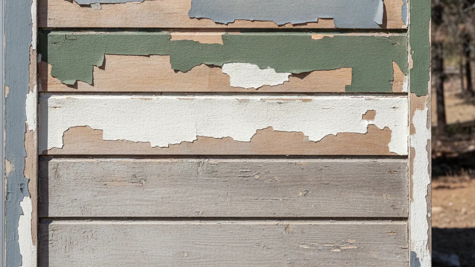 Painted wood lap siding with old paint cracking, peeling, and flaking off the boards mid-refinishing-cycle